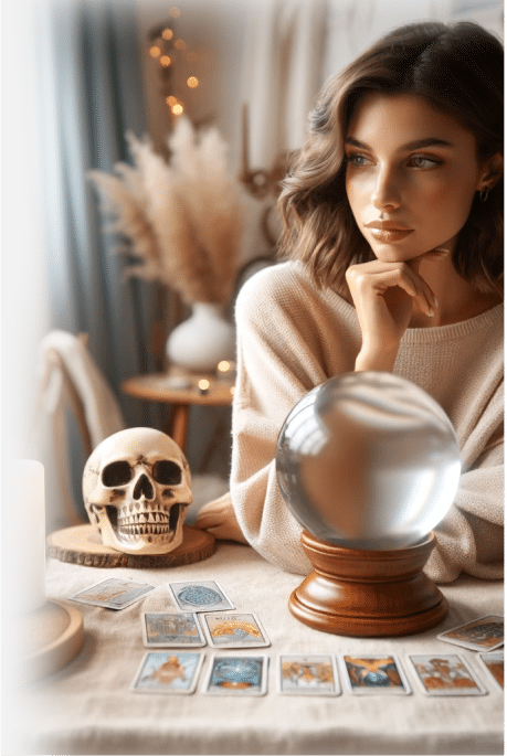 femme assise devant une boule de cristal et des cartes de tarot